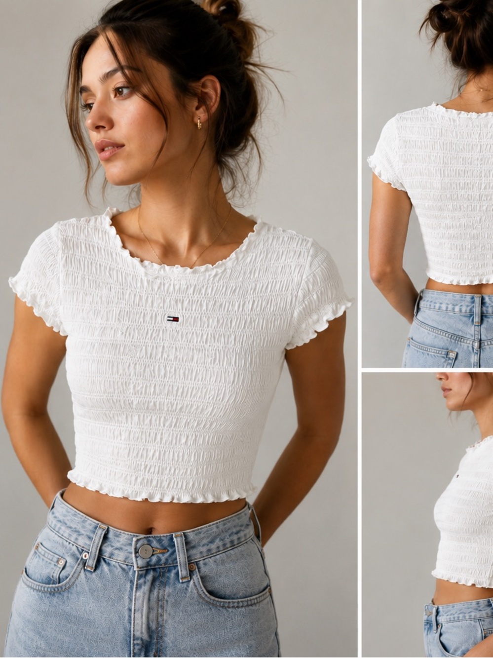 Tommy Hilfiger White Smocked Lettuce-Edge Crop Top Seer Sucker